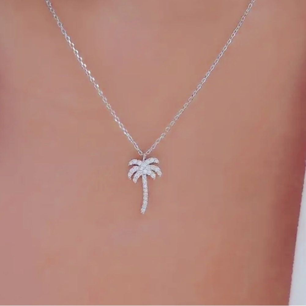 NEW Palm Tree rhinestone Necklace silver tone